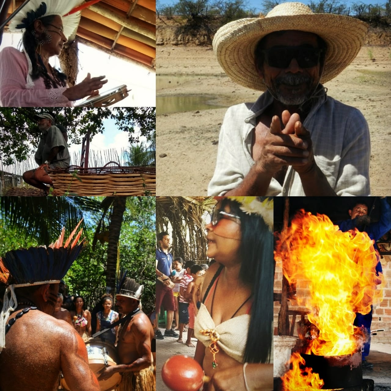 Mosaico ilustrativo com imagens de índios nativos em atividades cotidianas